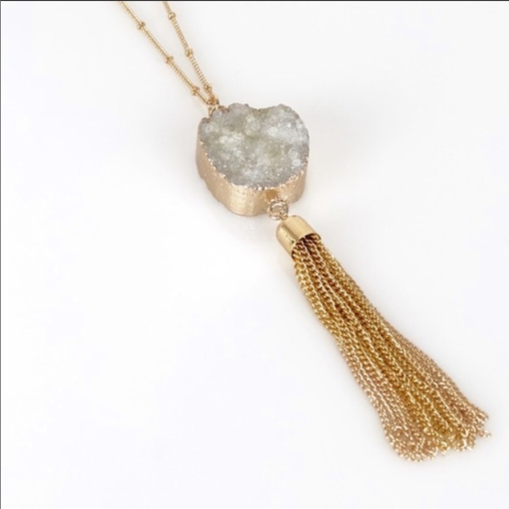 Druzy pendant necklace gold Tassel long chain - Picture 6 of 7